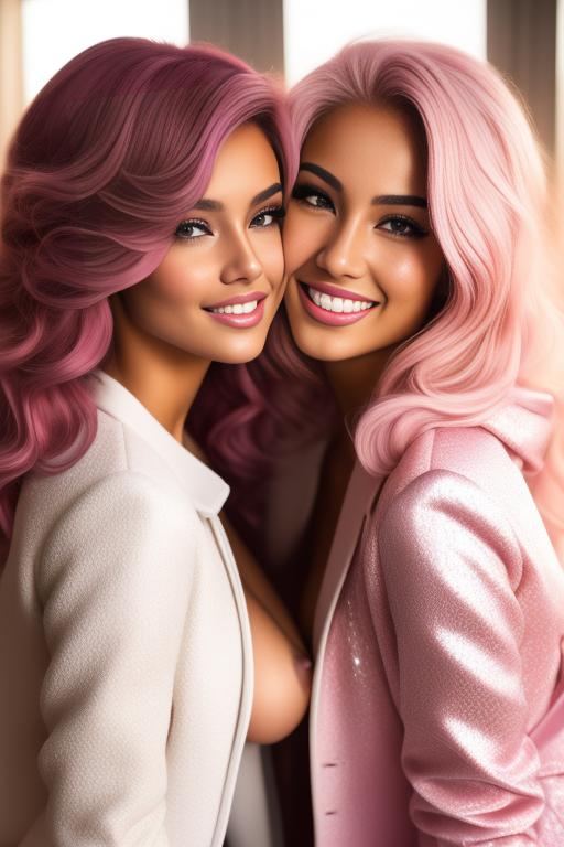Image: Hair Color pastelPink Ethnicity Moroccan Art Style bestquality hyperdetailed ultradetailed Nsfw nsfw Nbrmodels Two top models Dressqty open whitejacket smiling  face close up kissing masturbating pussy