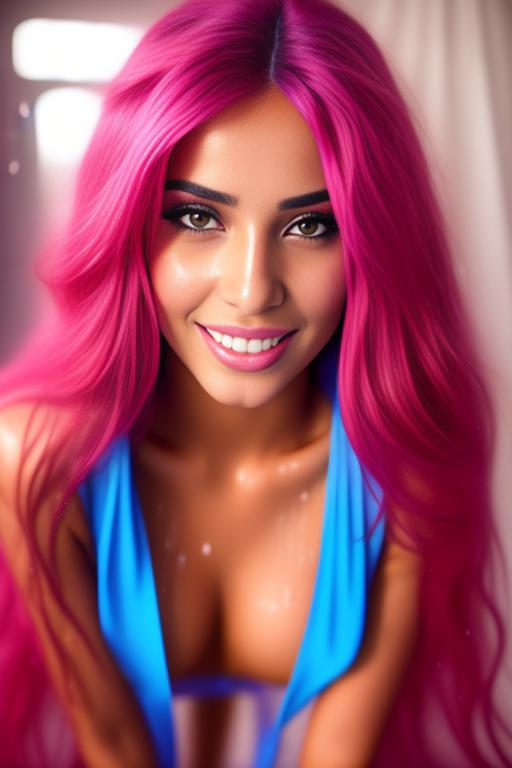 Image: moroccan sexy top models close up blue and red long hair  bonde and pink hair  open sexy vest hot smile closed lips beauty body no underwear kneeling close face shot standing below riding wet covered cum in eyes facial