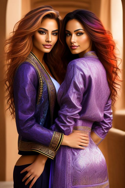 Image: Hair Color purple Ethnicity Moroccan Art Style bestquality hyperdetailed ultradetailed sfw sfw Nbrmodels Two top models Dressqty open jacket smiling   body close up from behind