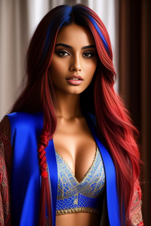 Image: two  moroccan sexy top models close up  blue and red long hair open vest