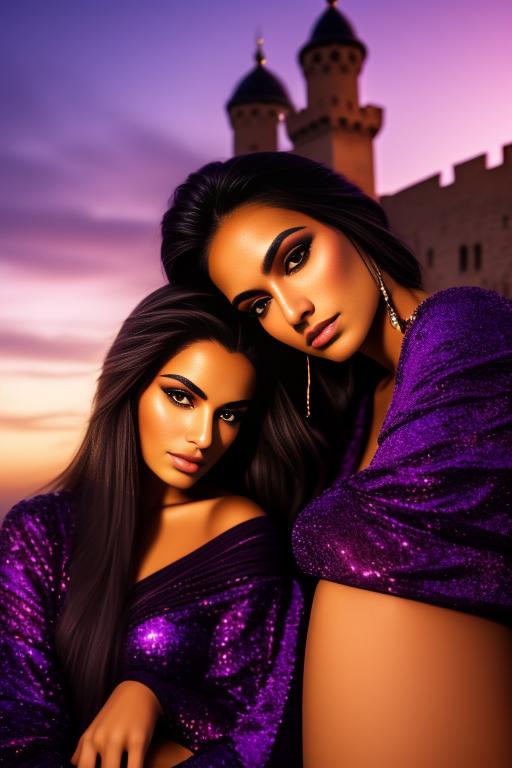 Image: two moroccan top models purple sunset castle fantasy extreme closeup face eyes  black clothes happy legs