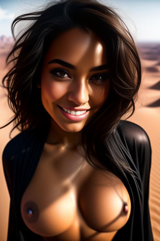 Wearing torn open black tshirt, , eyes,  female top models,( camera shot from above, from the sky downwards), (face extreme close-up ), arms up, (big round sucking open smiling mouth) tongue, nbr_models_one One Top Model, ethnicity_moroccan Moroccan, dress_shirtlift Shirtlift, background_desert Desert, art_style_hyper_detailed Hyper Detailed, camera_close_up Close-Up, <dress_shirtlift:0.0>