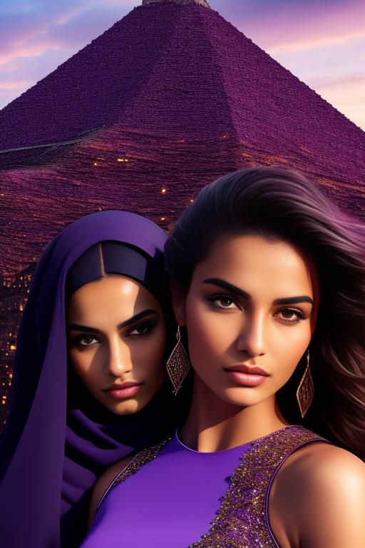 Image: two moroccan top models purple sky castle fantasy extreme closeup