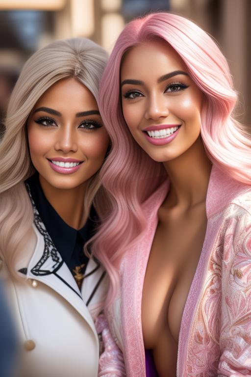 Image: Hair Color pastelPink Ethnicity Moroccan Art Style bestquality hyperdetailed ultradetailed Nsfw nsfw Nbrmodels Two top models Dressqty open whitejacket smiling  face close up crawling