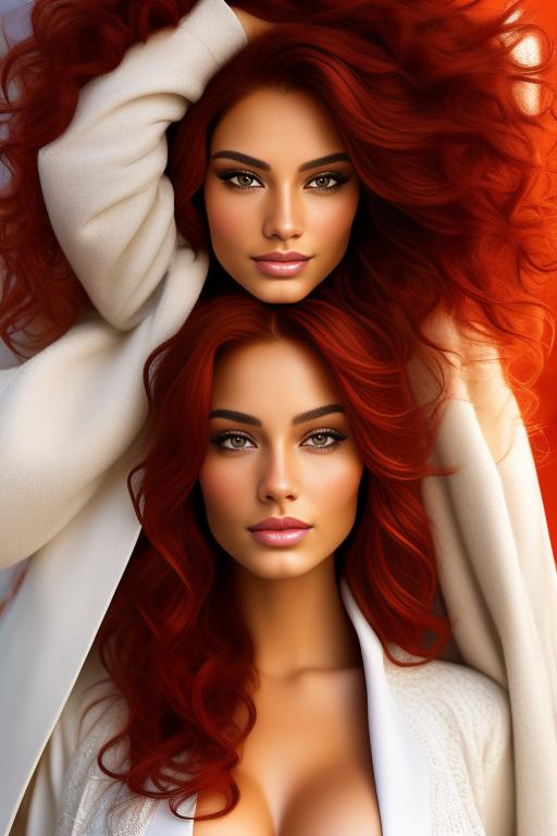 Image: Hair Color red Ethnicity Moroccan Art Style bestquality hyperdetailed ultradetailed Nsfw nsfw Nbrmodels Two top models Dressqty open whitejacket smiling  face close up