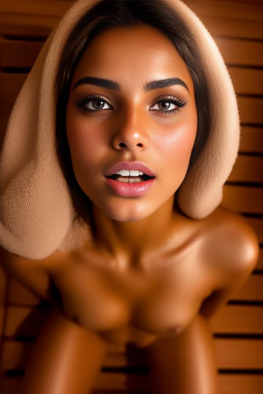 Image: Female Moroccan top model  face close up   kneeling in  sauna nude shot from above  open mouth dry hair covered sperm beautiful eyes