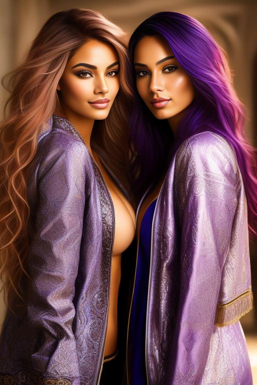 Image: Hair Color purple Ethnicity Moroccan Art Style bestquality hyperdetailed ultradetailed sfw sfw Nbrmodels Two top models Dressqty open jacket smiling   body close up