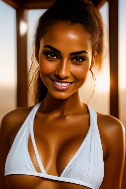 Image: one woman top model tanned Art Style bestquality camera shot face extreme closeup hyperdetailed ultradetailed Ethnicity Moroccan   sauna  white sports apparel  smiling holding touching  artStylebestquality hyperdetailed ultradetailed nsfwnsfw dressshirtliftv307 shirtlift