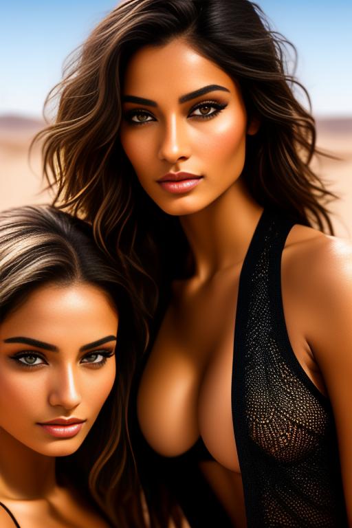 Image: Wearing black leggings  beautifull eyes smiling open vest  tits   two top models kissing in the sand  nbrmodelstwo Two female Top Models ethnicitymoroccan Moroccan backgrounddesert Desert artstylehyperdetailed Hyper Detailed cameracloseup CloseUp extreme close up nbrmodelstwo Two Top Models ethnicitymoroccan Moroccan artstylehyperdetailed Hyper Detailed cameracloseup CloseUp