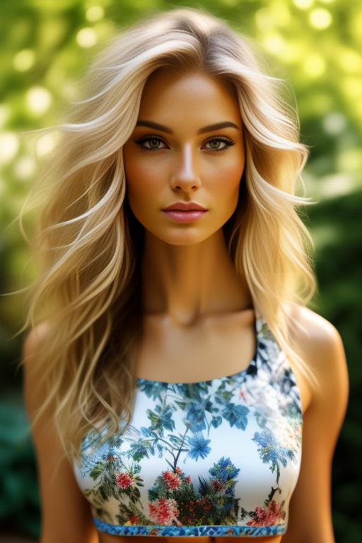 Image: Blonde  nbrmodelsone One Top Model ethnicitycaucasian Caucasian backgroundgarden Garden artstylehyperdetailed Hyper Detailed camerafullbody Full Body camerafacecloseup Face CloseUp