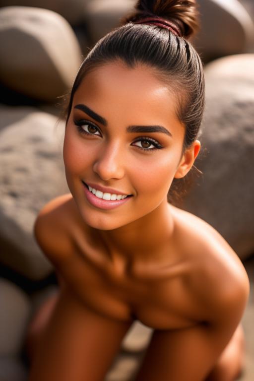 Image: Moroccan Top model beauty holding  sports sexy outfit  gentlesmile   close up shot  in rocky rocks no panties  boobs face close up shot from below kneeling open mouth focus on eyes sucking