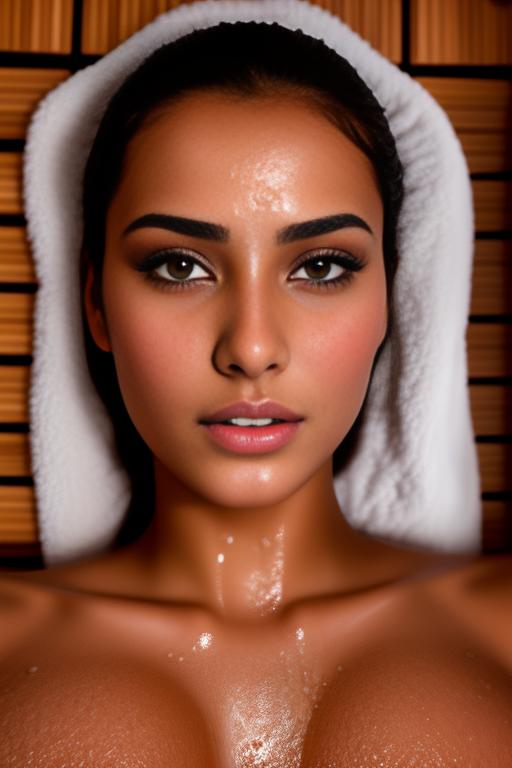 Image: Female Moroccan top models  face close up shot  wet kneeling in massage sauna nude shot from above  sperm in face