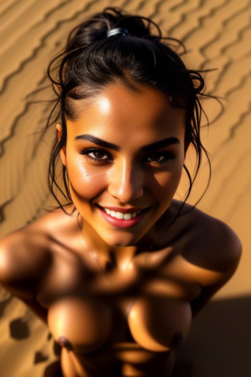 Wearing torn open (black) tshirt,  female ( smiling face moaning eyes) ((top models eyes)),( camera shot from above), ( close face extreme close-up ), nbr_models_one One Top Model, ethnicity_moroccan Moroccan, dress_cum_on_face Cum On Face, background_desert Desert, art_style_ultra_detailed Ultra Detailed, camera_extreme_close_up Extreme Close-Up, <dress_cum_on_face:-0.5>