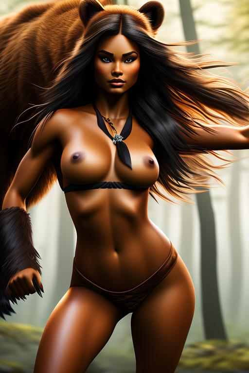 Pocahontas Disney , chasing with bow , hitting with ( brown bear), legs, torn open clothes, nbr_models_one One Top Model, art_style_hyper_detailed Hyper Detailed, camera_close_up Close-Up