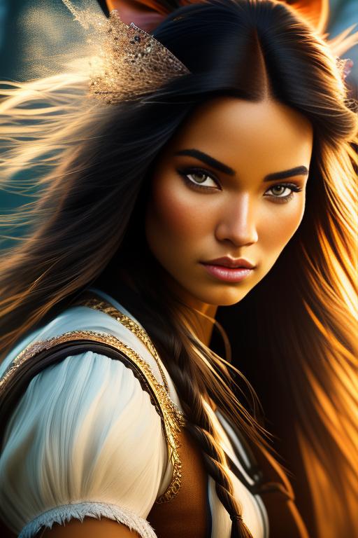 Pocahontas Disney , chasing with bow , riding horse, nbr_models_one One Top Model, art_style_hyper_detailed Hyper Detailed, camera_close_up Close-Up