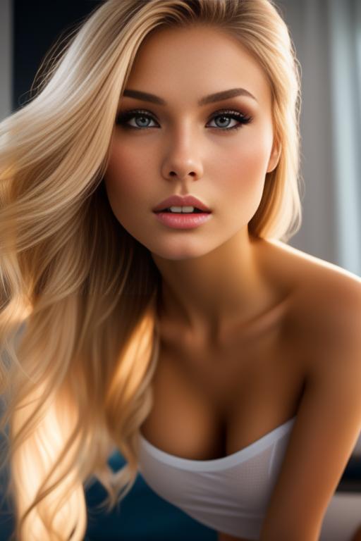 Image: russian blonde top model next to gaming pc  from below facecloseup hot