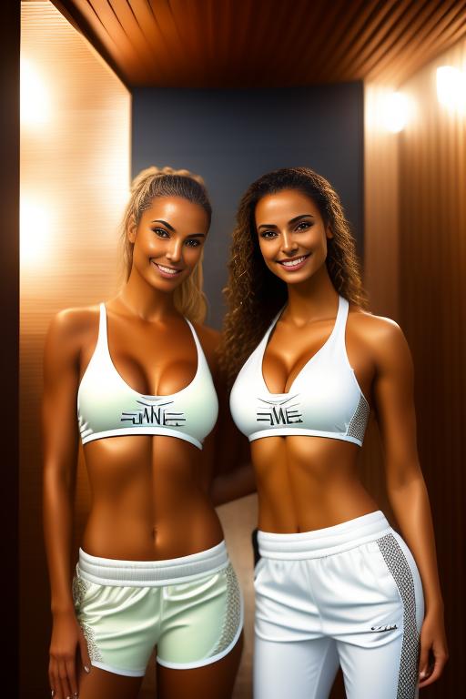 Image: two woman top model tanned Art Style bestquality camera closeup hyperdetailed ultradetailed Ethnicity Moroccan   sauna  white sports apparel pants wet top  smiling holding touching sfw