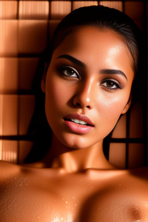 Image: Female Moroccan top model  face close up  in  sauna nude shot from above  open mouth dry covered sperm beautiful eyes