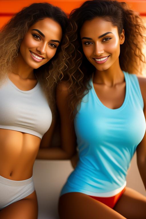 Image: two woman top models cudling touching   tanned Art Style bestquality hyperdetailed ultradetailed Ethnicity Moroccan  Camera  face extreme closeup   hair long laughing squash court  sitting nice legs tshirt