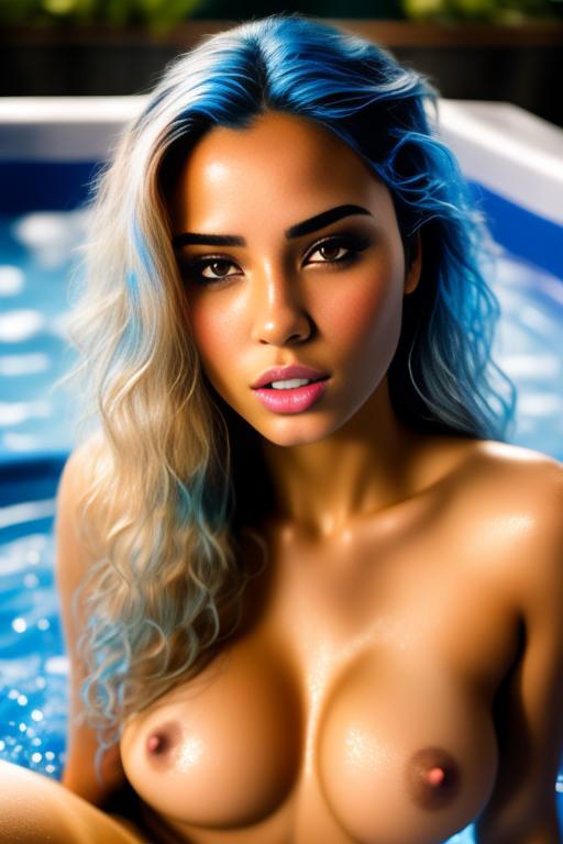 Image: artStylebestquality hyperdetailed ultradetailed   hair Color  electricBlue  backgroundHot tub       Cameraface closeup    nbrmodels  female top model ethnicityMoroccan nsfwnsfw  positionLickingOralLoRA09 lickingoral