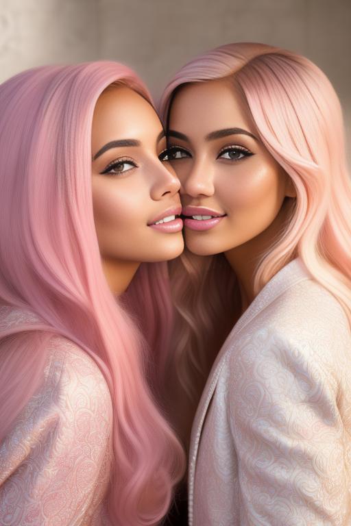 Image: Hair Color pastelPink Ethnicity Moroccan Art Style bestquality hyperdetailed ultradetailed Nsfw nsfw Nbrmodels Two top models Dressqty open whitejacket smiling  face close up kissing masturbating pussy