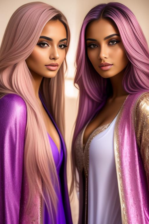 Image: two  moroccan sexy top models close up blonde and pink purple long hair open vest