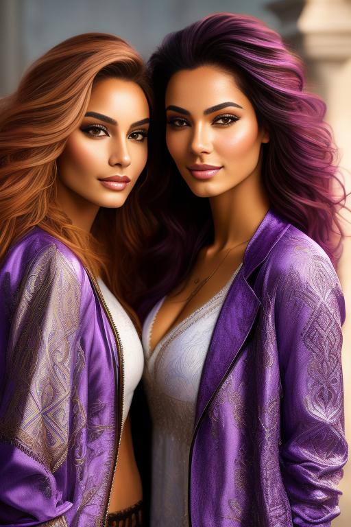 Image: Hair Color purple Ethnicity Moroccan Art Style bestquality hyperdetailed ultradetailed sfw sfw Nbrmodels Two top models Dressqty open jacket smiling   body close up