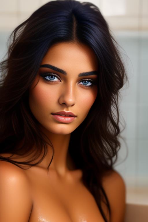 Image: moroccan top model  goergeous dark blue eyes face close up in bath