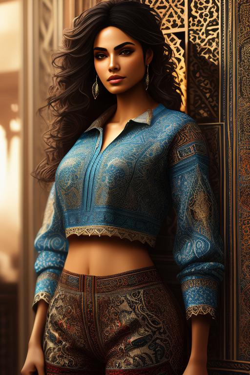 Image: Art Style bestquality hyperdetailed ultradetailed Ethnicity Moroccan Dressqty wearing pants sexy tshirt Camera closeup