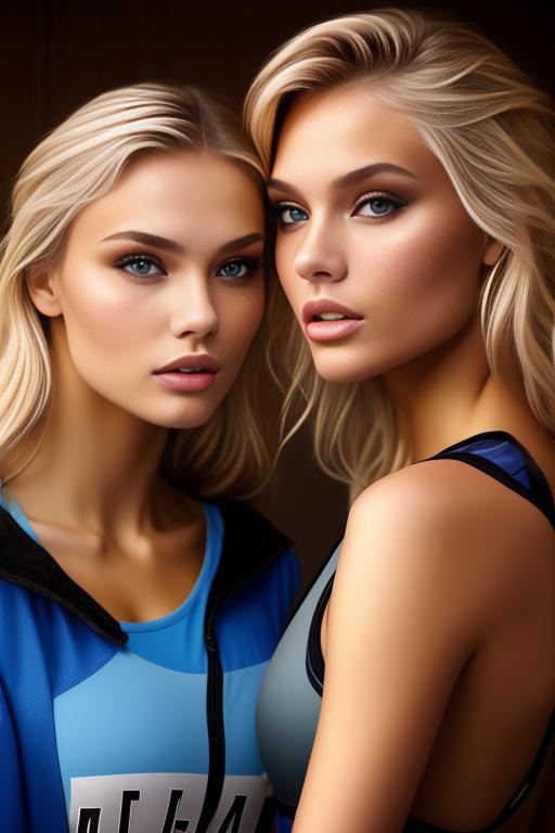 Image: two russian blonde top models sexy  make up from close below sports outwear