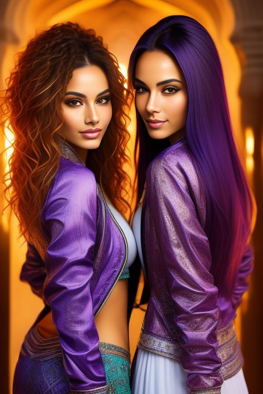 Image: Hair Color purple Ethnicity Moroccan Art Style bestquality hyperdetailed ultradetailed sfw sfw Nbrmodels Two top models Dressqty open jacket smiling   body close up from behind