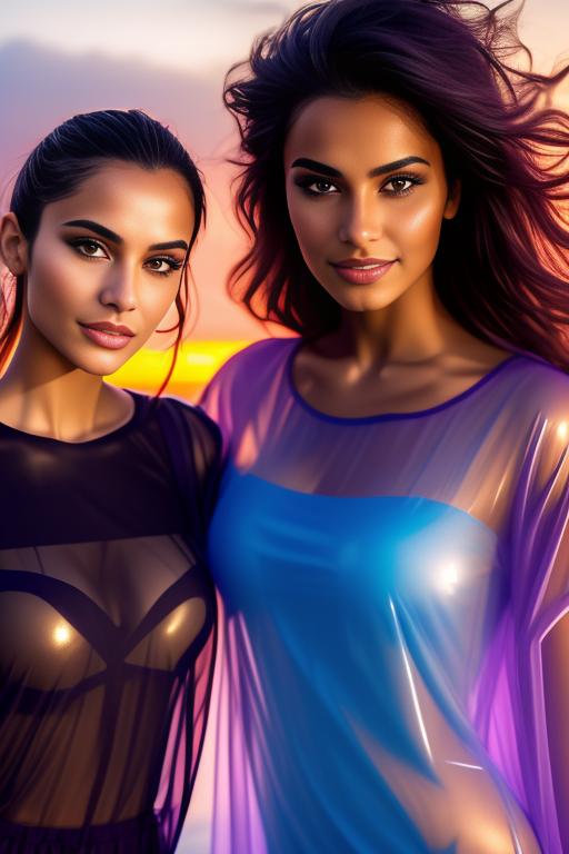 Image: two moroccan top models purple sunset castle fantasy extreme closeup face eyes  black clothes smile legsdresstransparent tshirt wet breastsnipples