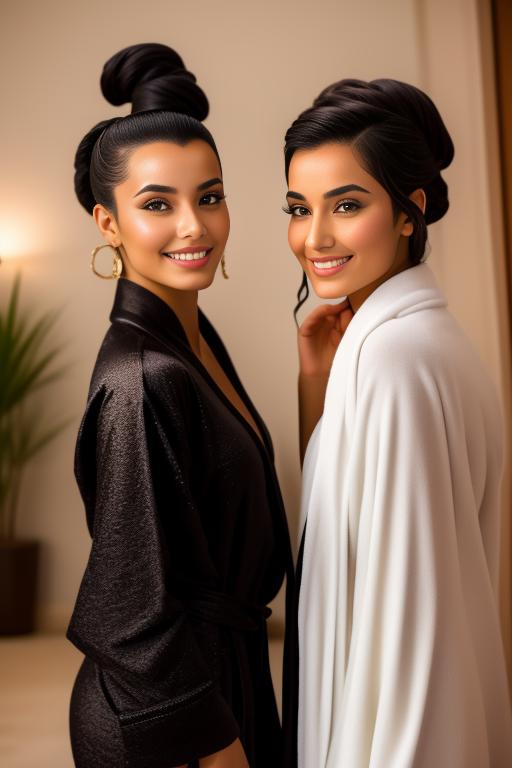 Image: Two Moroccan top model and masseuse close up smile standing at hotel massage room black bathrobe sfw
